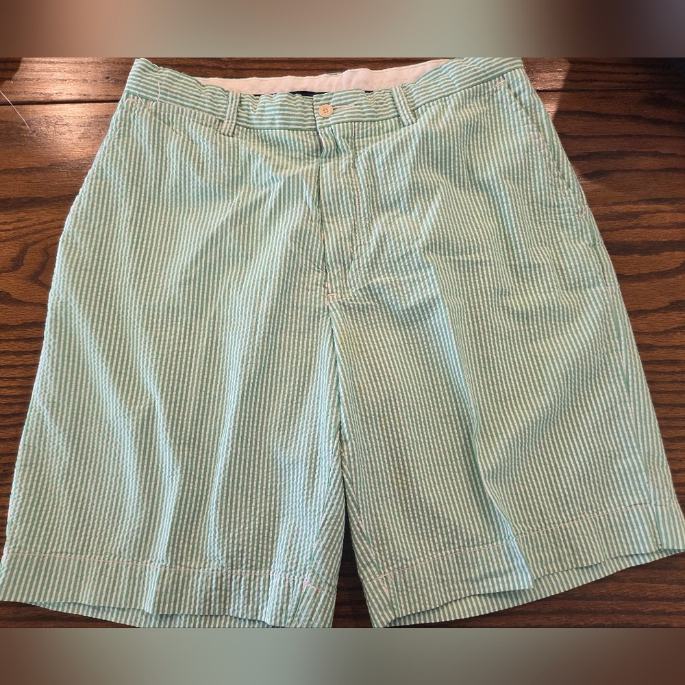 Vintage POLO Ralph Lauren Green White Striped Seersucker Preppy Chino Shorts 33"